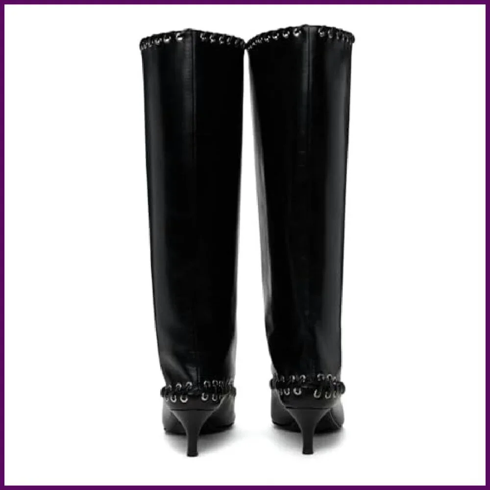 Metal Eyelet Pointed Toe Knee High Boots Wide Calf Kitten Heel Lace Up - Picture 6 of 8